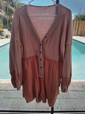 Boho Dusty Rose Waffle Knit Button-Front Romper